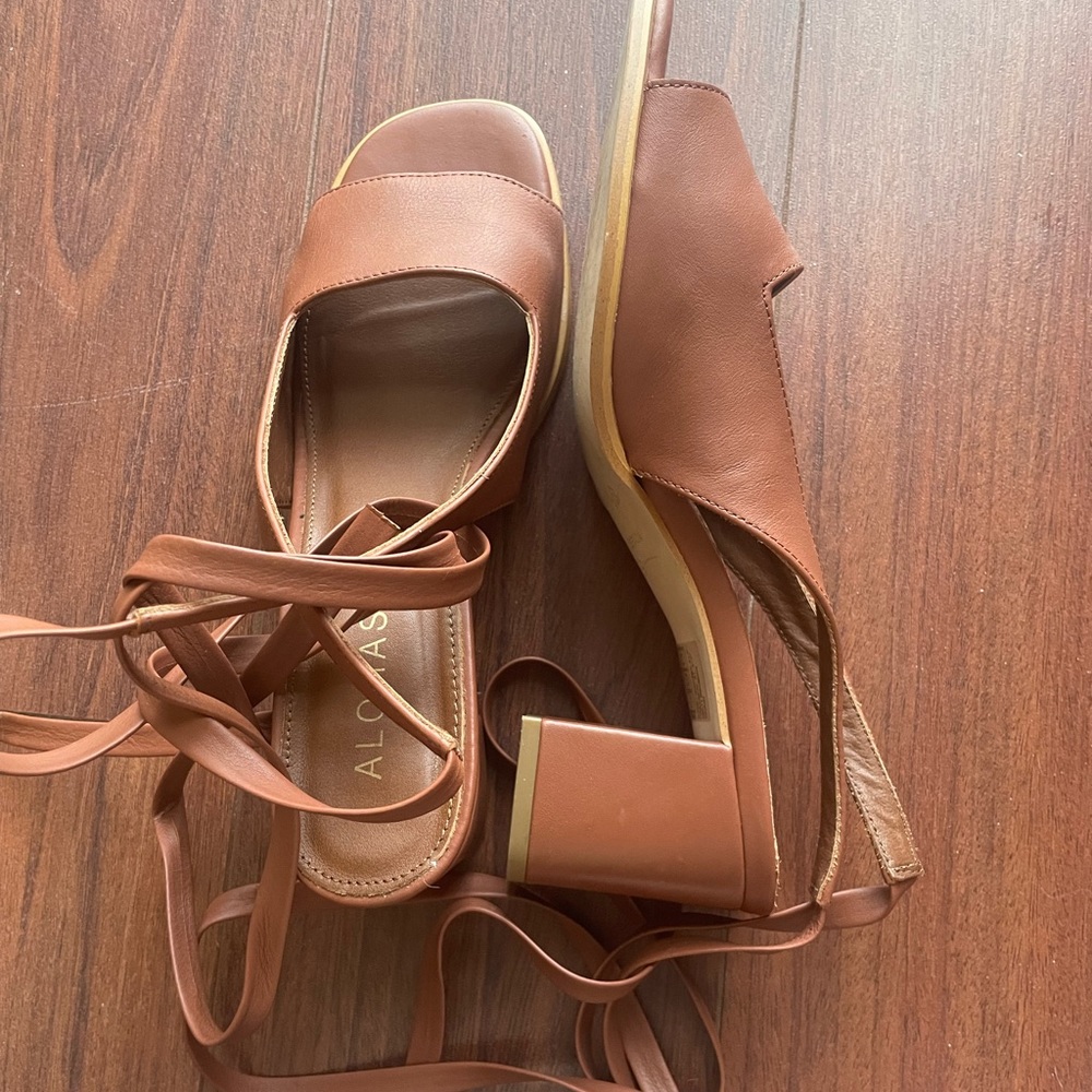 Brown leather wrap up heels